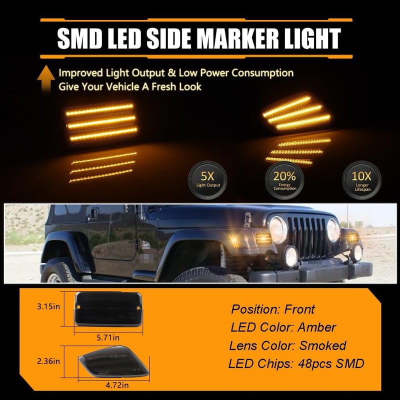 OFFKAT Front Turn Signal Lights & Side Marker Lights for 1997-2006 Wrangler TJ, Smoked Lens Side Bumper Marker Lamps, [Ultra-Bright] 3-Row Full LED Amber Parking Light DRL & Amber Turn Signal, 4 PCS - Image 3